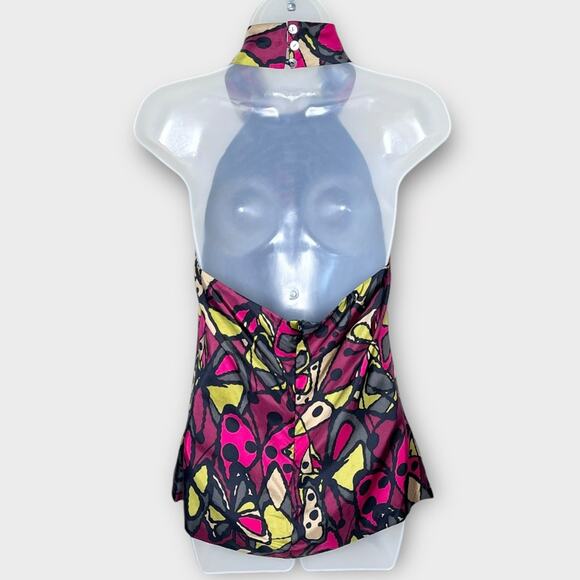 TRINA TURK Halter Top Womens 4 Red Green Gray Tan Abstract Butterfly 100% Silk - Picture 2 of 4